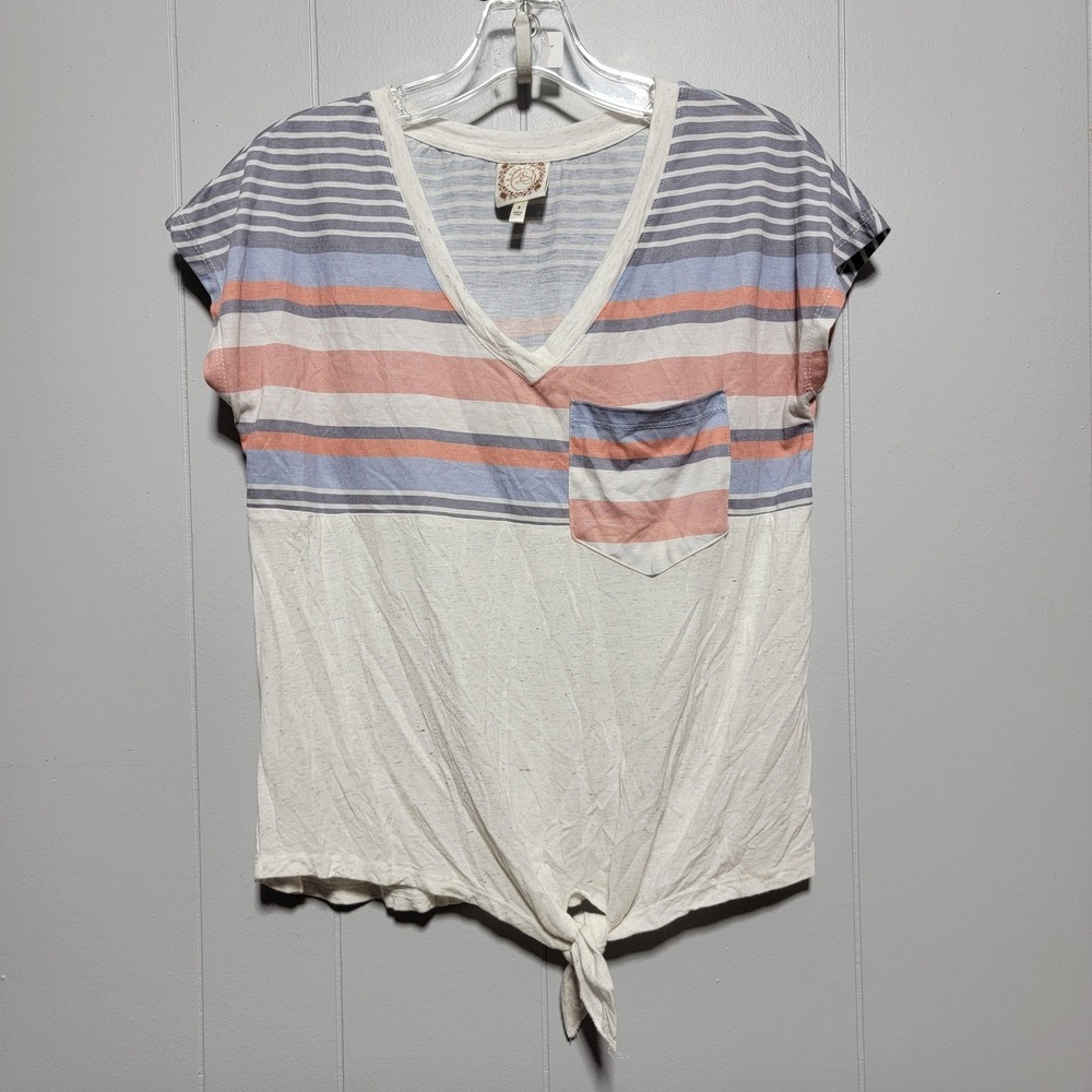 Truself Striped Knit Tee Shirt Size S White Coral Blue Pocket Tie‎ Front